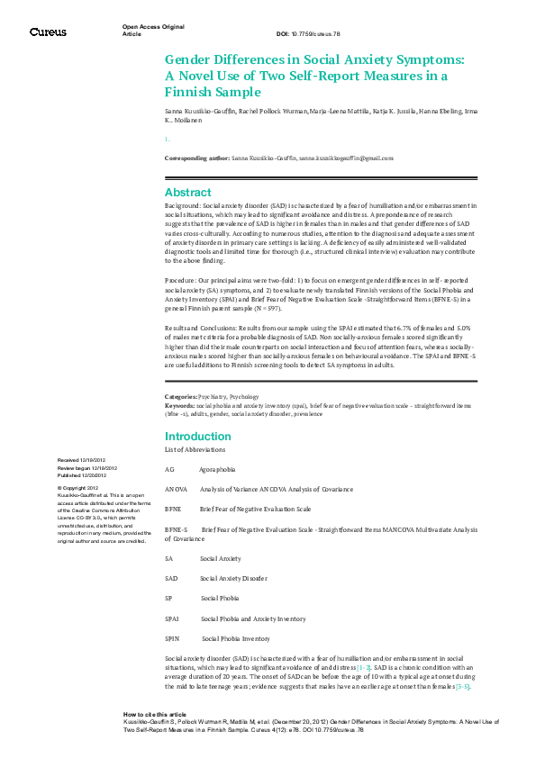 (PDF) Gender Differences in Social Anxiety Symptoms: A novel use of two ...