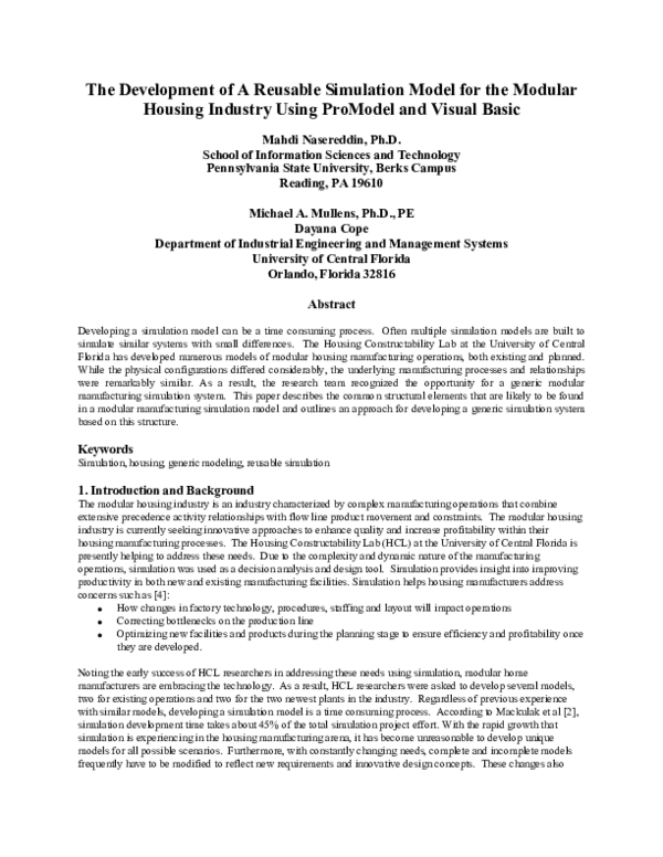 (PDF) The Development of A Reusable Simulation Model for the Modular ...