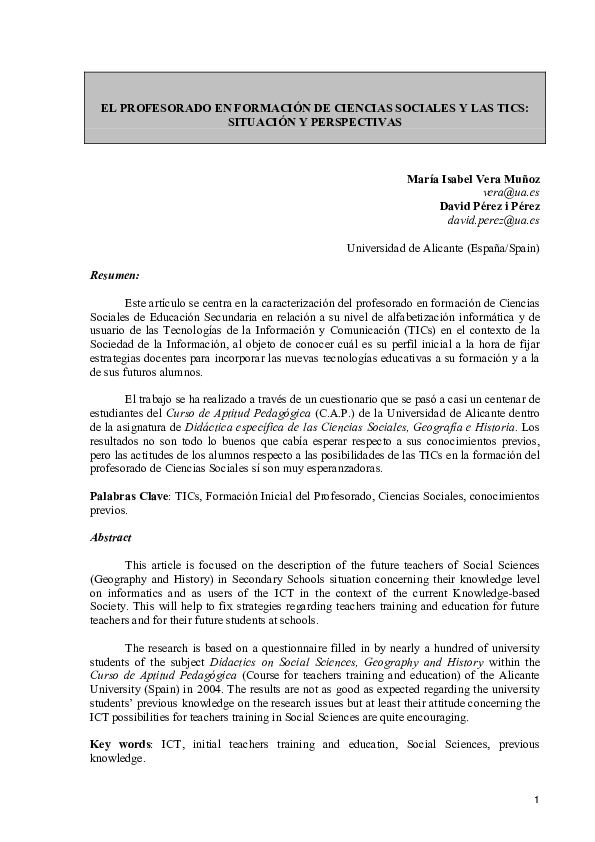 (PDF) El profesorado en formación de Ciencias Sociales y las TICs ...