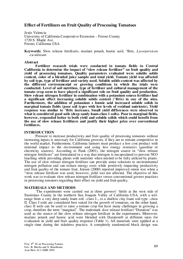 (PDF) Effect of Fertilizers on Fruit Quality of Processing Tomatoes