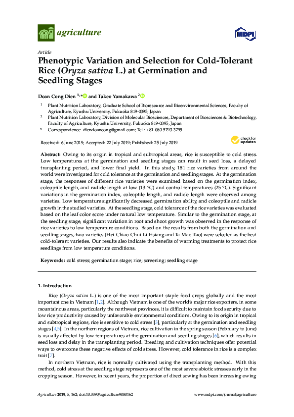 (PDF) Phenotypic Variation and Selection for Cold-Tolerant Rice (Oryza ...