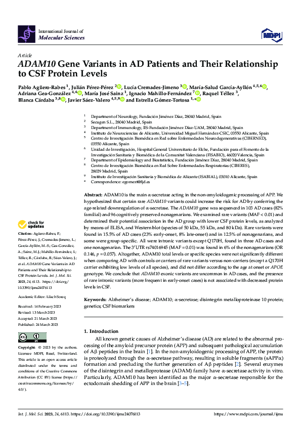 (PDF) ADAM10 Gene Variants in AD Patients and Their Relationship to CSF ...