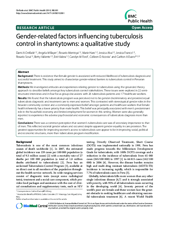 (PDF) Gender-related factors influencing tuberculosis control in ...