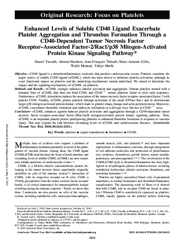 (PDF) Enhanced Levels of Soluble CD40 Ligand Exacerbate Platelet ...