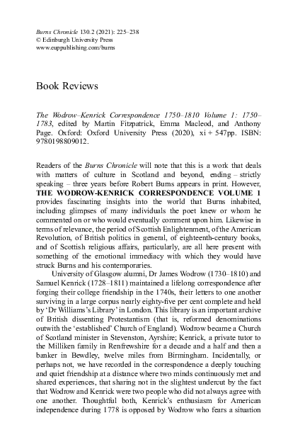(PDF) Gerard Carruthers review of The Wodrow–Kenrick Correspondence ...