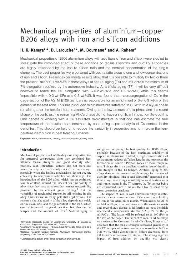 (PDF) Mechanical properties of aluminium–copper B206 alloys with iron ...