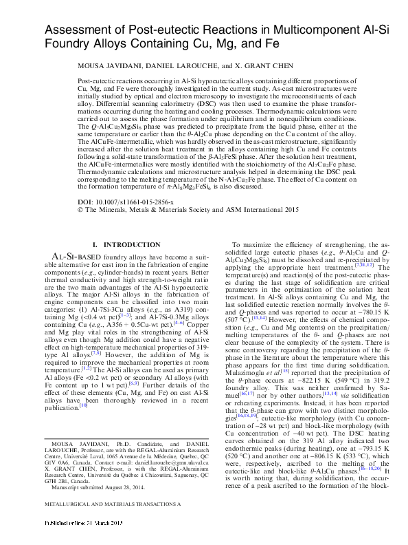 (PDF) Assessment of Post-eutectic Reactions in Multicomponent Al-Si ...