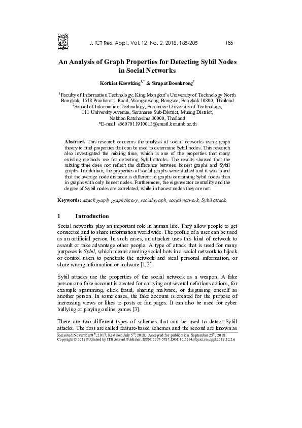 (PDF) An Analysis of Graph Properties for Detecting Sybil Nodes in ...