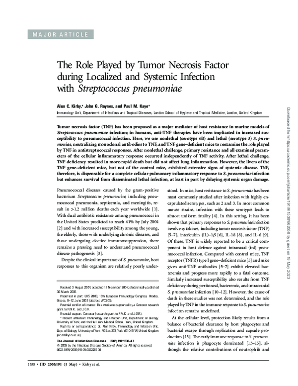 (PDF) The Role Played by Tumor Necrosis Factor during Localized and ...