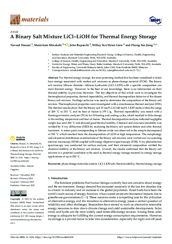 (PDF) A Binary Salt Mixture LiCl–LiOH for Thermal Energy Storage