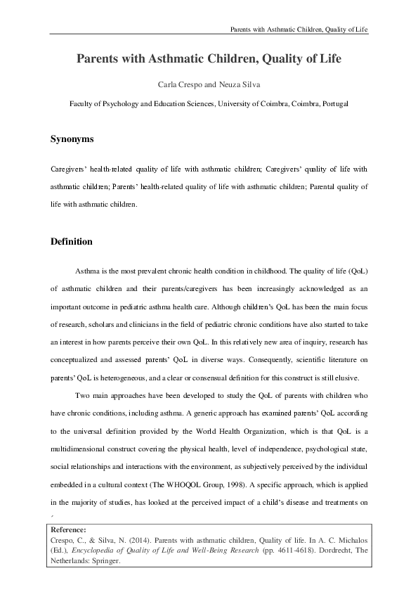 (PDF) Parents with Asthmatic Children, Quality of Life