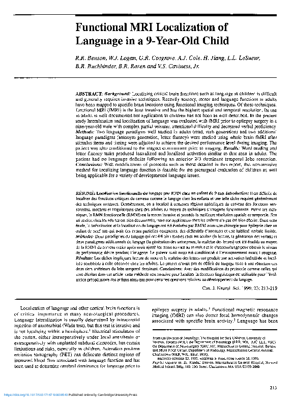 (PDF) Functional MRI Localization of Language in a 9-Year-Old Child
