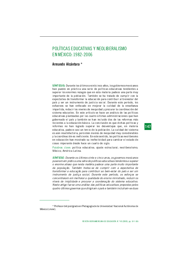 (PDF) Políticas educativas y neoliberalismo en México: 1982-2006
