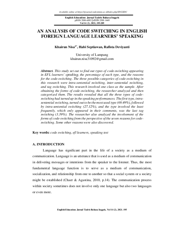 (PDF) An Analysis of Code Switching in Students’ Speaking Test as ...