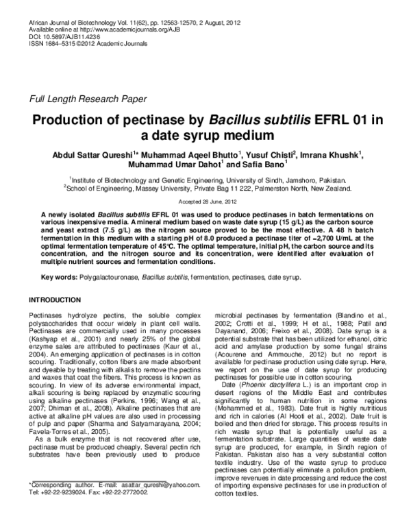 (PDF) Production of pectinase by Bacillus subtilis EFRL 01 in a date