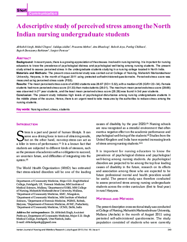 (PDF) A descriptive study of perceived stress among the North Indian ...