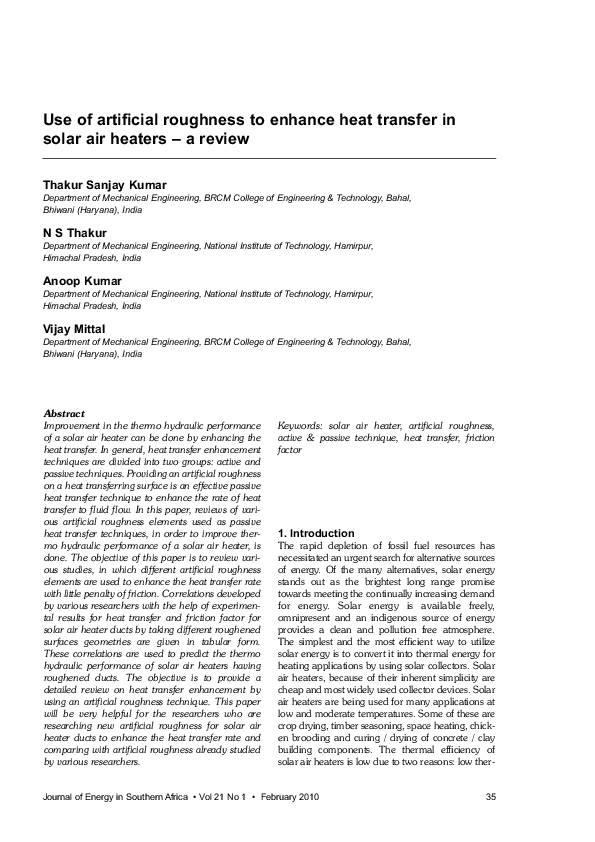 (PDF) Use of artificial roughness to enhance heat transfer in solar air ...