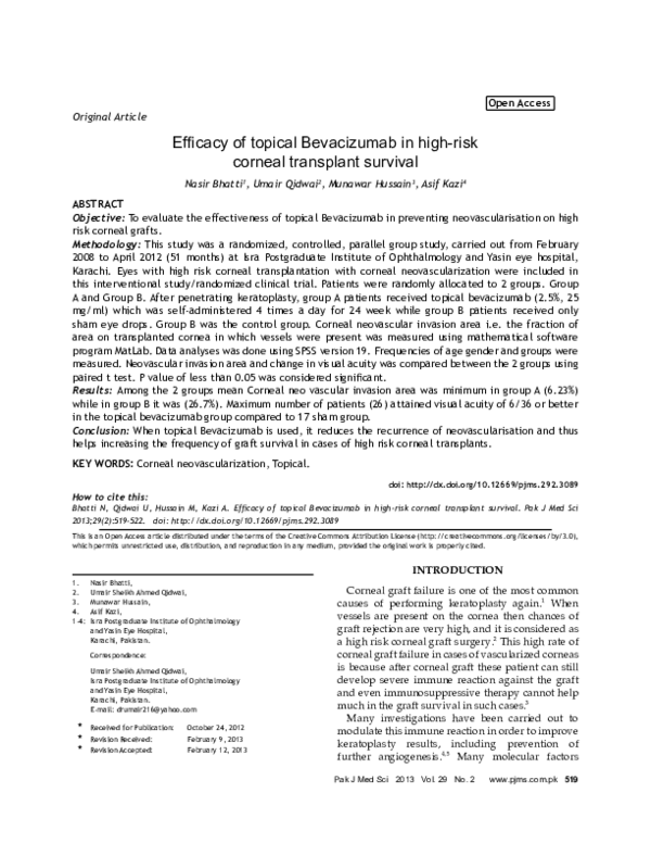 (PDF) Efficacy of topical Bevacizumab in high-risk corneal transplant ...