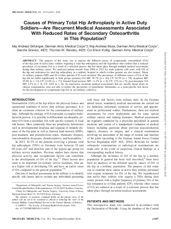 (PDF) Causes of Primary Total Hip Arthroplasty in Active Duty Soldiers ...