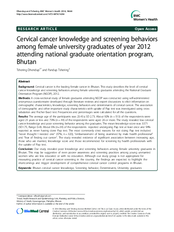 (PDF) Cervical cancer knowledge and screening behaviors among female ...