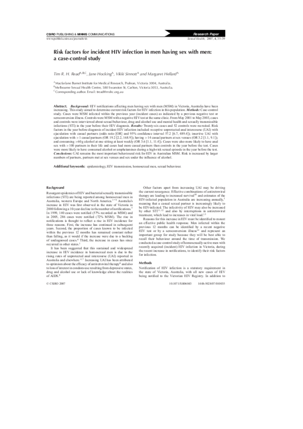 (PDF) Risk factors for incident HIV infection in men having sex with ...