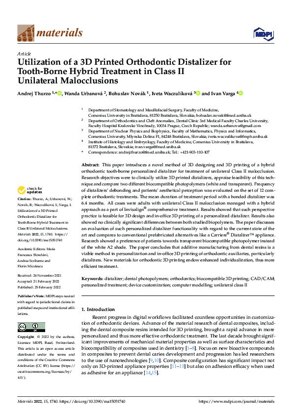 (PDF) Utilization of a 3D Printed Orthodontic Distalizer for Tooth ...