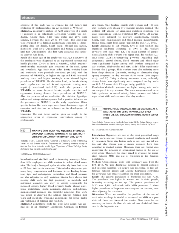 (PDF) 650 Rotating shift work and metabolic syndrome components among ...
