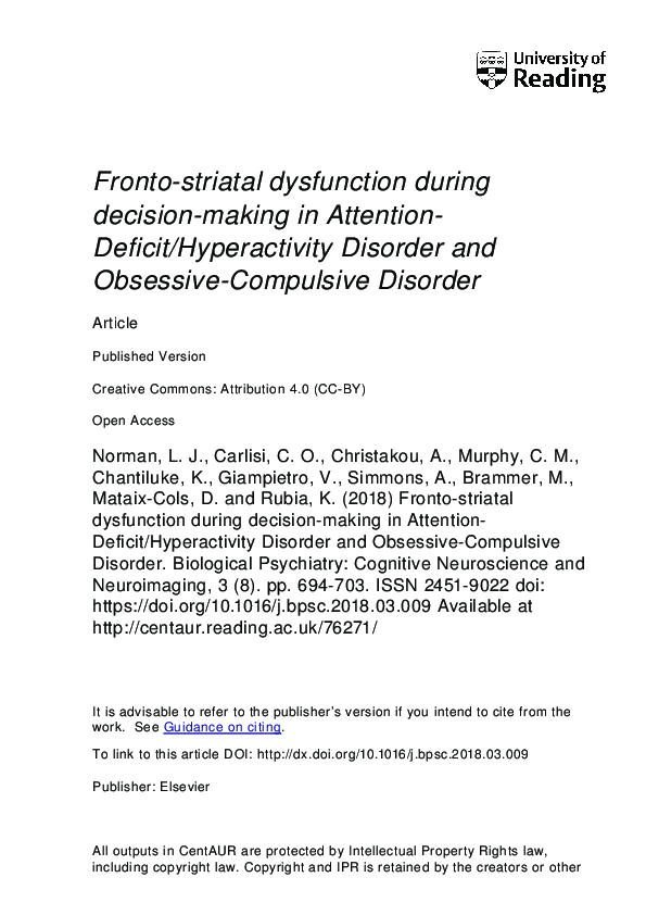 (PDF) Frontostriatal Dysfunction During Decision Making in Attention ...