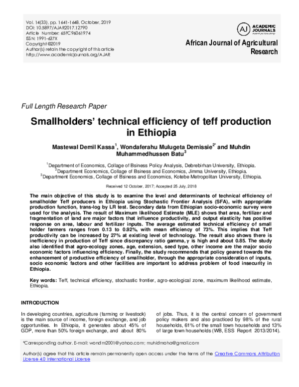 (PDF) Smallholders technical efficiency of teff production in Ethiopia