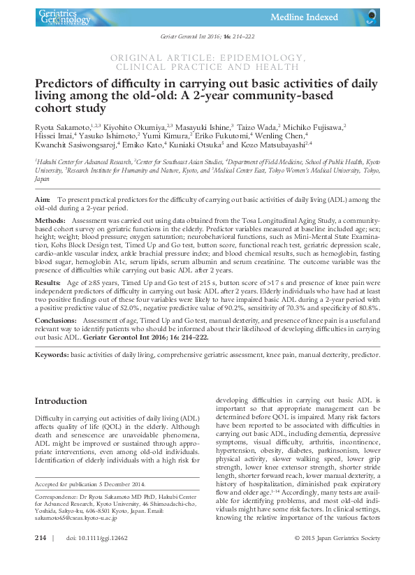 (PDF) Predictors of difficulty in carrying out basic activities of ...