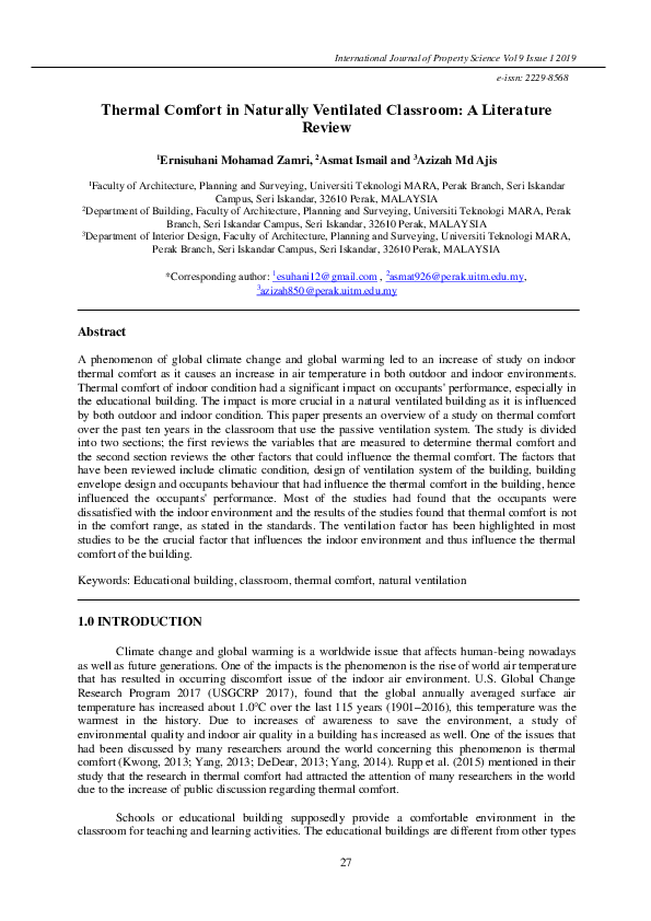 (PDF) Thermal Comfort in Naturally Ventilated Classroom: A Literature ...
