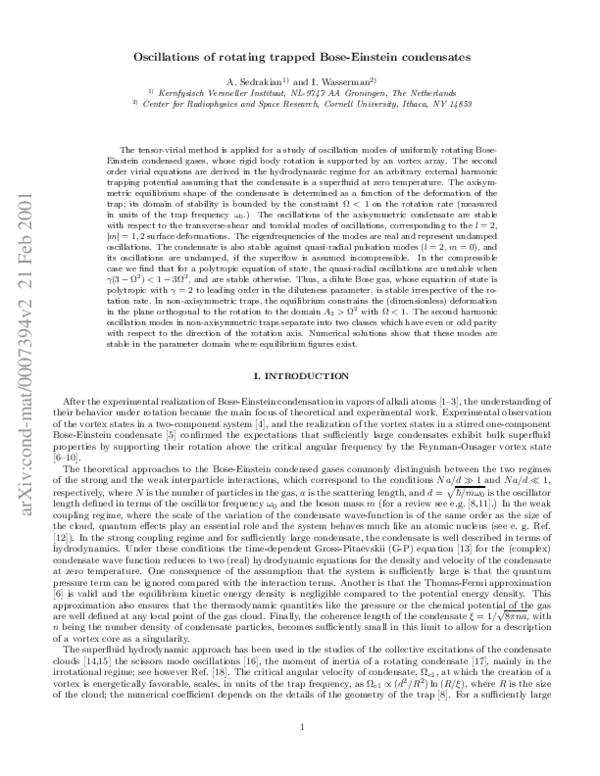 (PDF) Oscillations of rotating trapped Bose-Einstein condensates