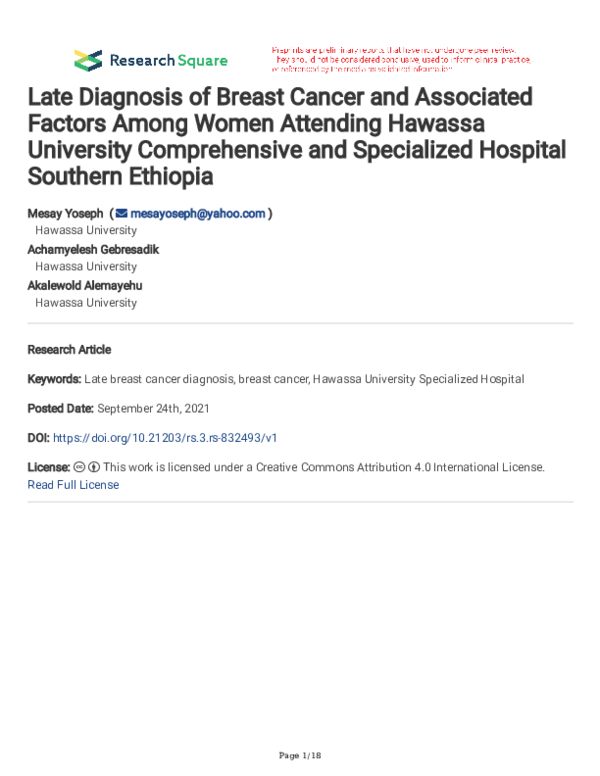 (PDF) Late Diagnosis of Breast Cancer and Associated Factors Among ...