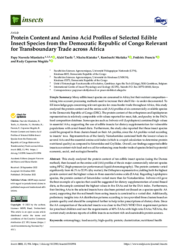 (PDF) Protein Content and Amino Acid Profiles of Selected Edible Insect ...
