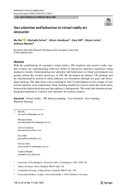 (PDF) User attention and behaviour in virtual reality art encounter