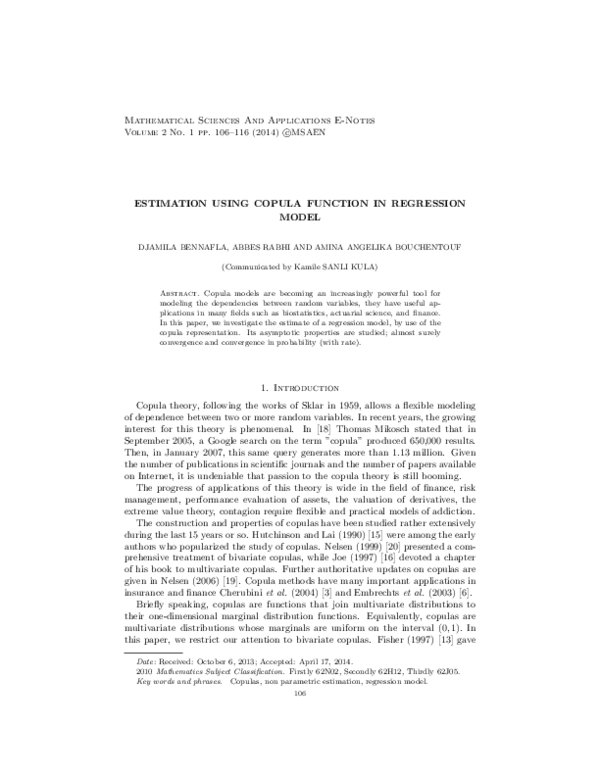 (PDF) Estimation Using Copula Function in Regression Model