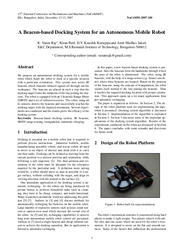 (PDF) A Beacon-based Docking System for an Autonomous Mobile Robot
