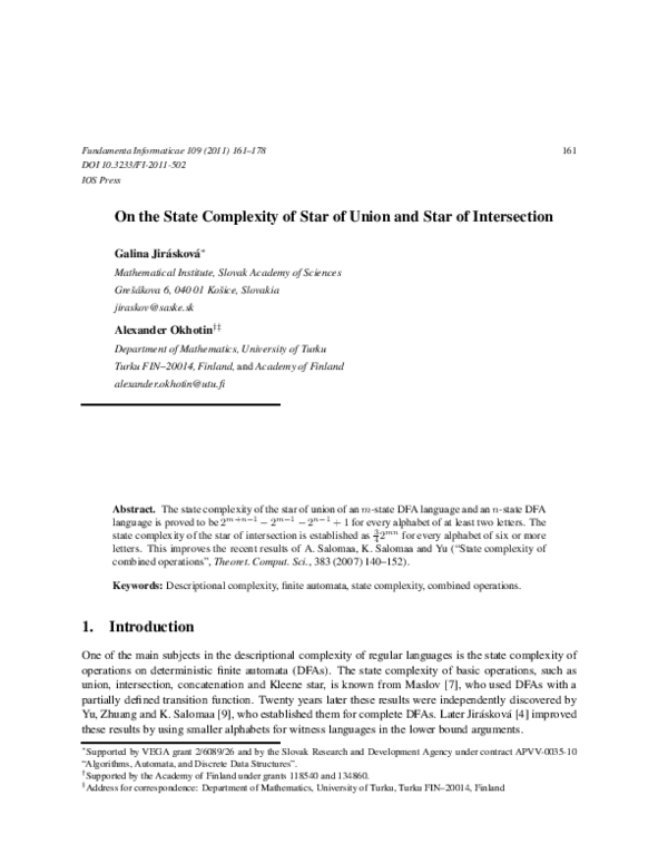 (PDF) On the State Complexity of Star of Union and Star of Intersection