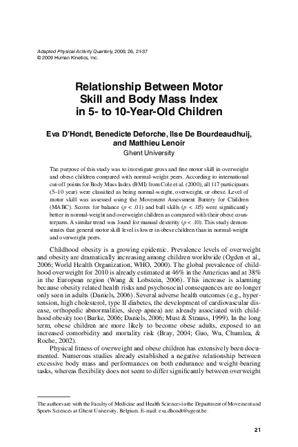 (PDF) Relationship between Motor Skill and Body Mass Index in 5- to 10 ...