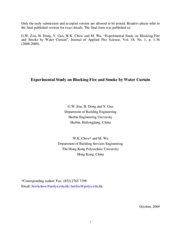 (PDF) Experimental Study on Blocking Fire and Smoke by Water Curtain