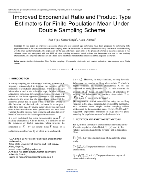 (PDF) Improved Exponential Ratio and Product Type Estimators for Finite ...