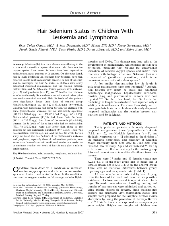(PDF) Hair Selenium Status in Children With Leukemia and Lymphoma