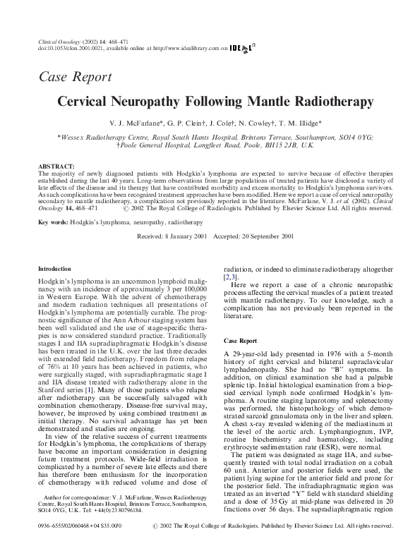 (PDF) Cervical Neuropathy Following Mantle Radiotherapy Tim Illidge