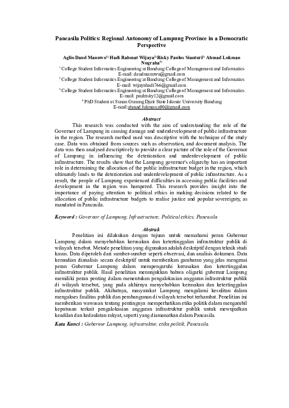 (PDF) Pancasila Politics: Regional Autonomy of Lampung Province in a ...