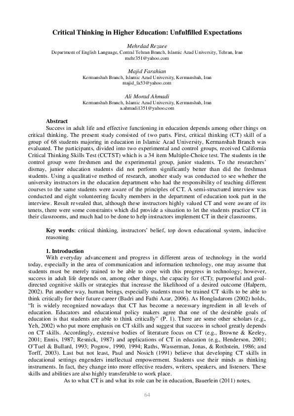 Pdf Critical Thinking In Higher Education Unfulfilled Expectations