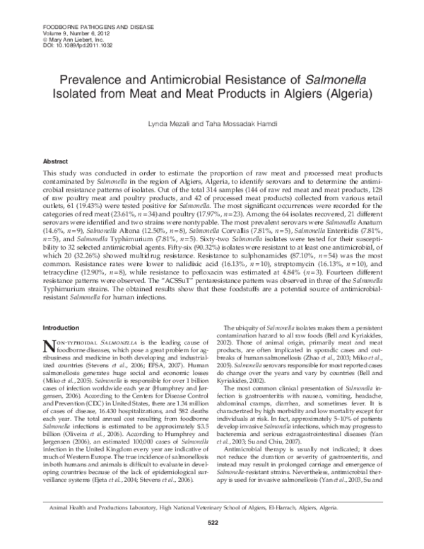 (PDF) Prevalence and antimicrobial resistance of Salmonella isolated ...