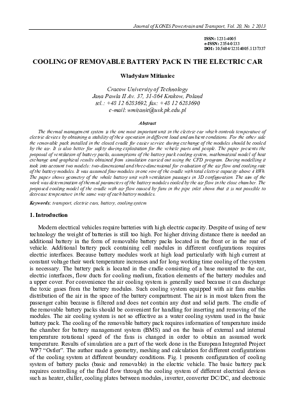 (PDF) Cooling of removable battery pack in the electric car