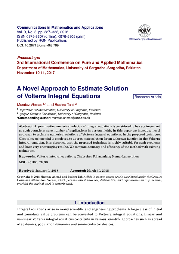 Pdf A Novel Approach To Estimate Solution Of Volterra Integral Equations