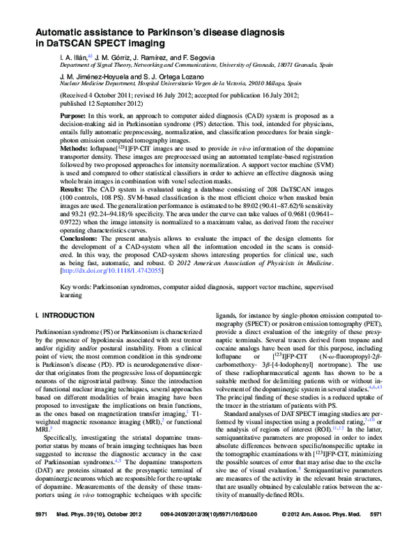(PDF) Automatic assistance to Parkinsonˈs disease diagnosis in DaTSCAN ...