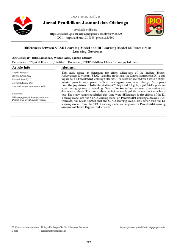 (PDF) Differences between STAD Learning Model and Direct Instruction Learning Model on Pencak